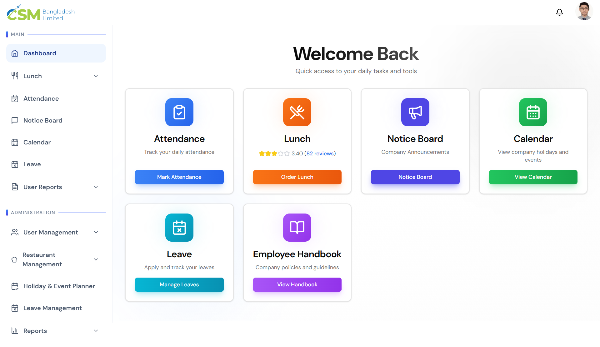 HRM dashboard — attendance, leave, notice board